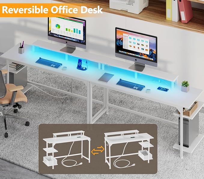 Furologee White Gaming Desk with Charging Station and LED Lights, 55" Office Computer Desk with Reversible Shelves and Fabric Drawer, Study Table with Monitor Stand and 2 Hooks for Home Office - LeafyLoom