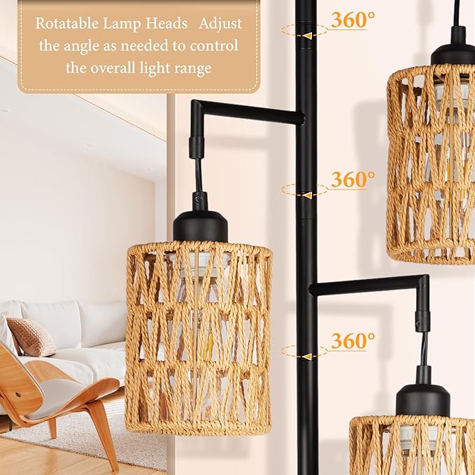 Farmhouse Floor Lamp, Industrial Style Tall Lamps, Boho Tree Standing Tall Lamp with Sturdy Modern Vintage Design for Living Room Bedroom Office Dining Room(Black) - LeafyLoom
