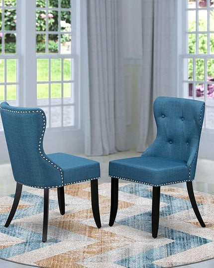 East West Furniture SIP1T21 Sion Parson Dining Room Button Tufted Nailhead Trim Blue Linen Fabric Upholstered Chairs, Set of 2, Black - LeafyLoom