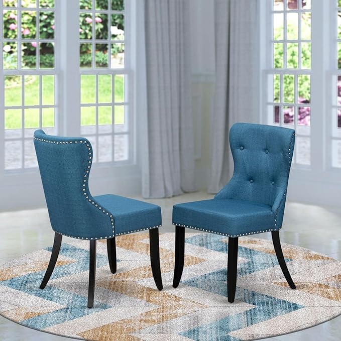 East West Furniture SIP1T21 Sion Parson Dining Room Button Tufted Nailhead Trim Blue Linen Fabric Upholstered Chairs, Set of 2, Black - LeafyLoom