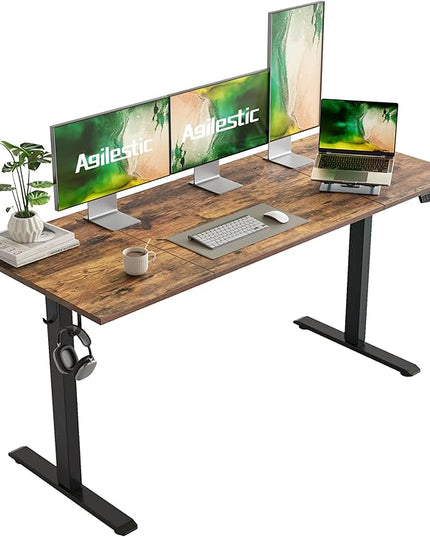 Electric Standing Desk, Large 63 x 24 Inches Height Adjustable Desk, Sit Stand up Desk for Work Office Home, Splice Board, Rustic Brown - LeafyLoom