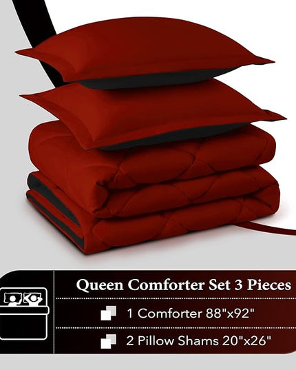 downluxe Queen Comforter Set - Red and Black Queen Comforter - Soft Bedding Sets for All Seasons - 3 Pieces - 1 Comforter (88"x92") and 2 Pillow Shams (20"x26") - LeafyLoom