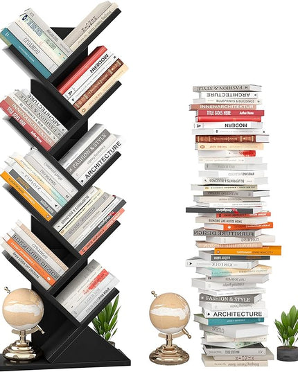 Topfurny Tree Bookshelf, 9-Tier Shelf Rustic Brown Bookcase, Retro Wood Storage Rack for CDs/Movies/Books, Anti-Fall Utility Organizer Shelves for Living Room, Bedroom, Home Office, Black - LeafyLoom