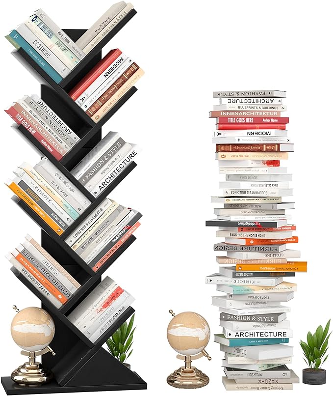 Topfurny Tree Bookshelf, 9-Tier Shelf Rustic Brown Bookcase, Retro Wood Storage Rack for CDs/Movies/Books, Anti-Fall Utility Organizer Shelves for Living Room, Bedroom, Home Office, Black - LeafyLoom