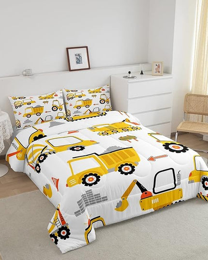Cartoon Car Comforter Set Kids Construction Comforter for Boys Equipment Trucks Bedding Set Breathable Cartoon Yellow Car Excavator Tractor Duvet Set Room Decor Quilt Set Full Size - LeafyLoom