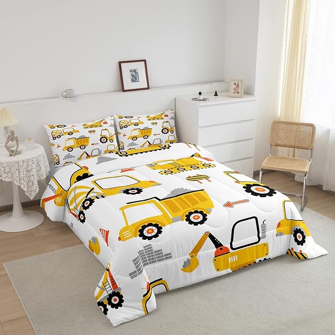 Cartoon Car Comforter Set Kids Construction Comforter for Boys Equipment Trucks Bedding Set Breathable Cartoon Yellow Car Excavator Tractor Duvet Set Room Decor Quilt Set Full Size - LeafyLoom