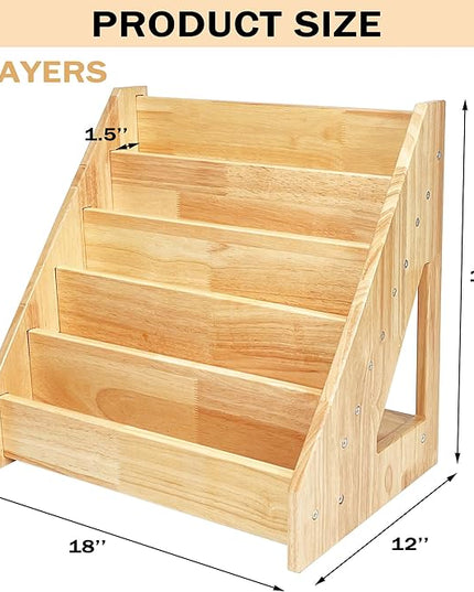 5 Tier Montessori Bookshelf Solid Wood, Nursery Bookcase, Toddler Book Display Shelf for Toddler, 17" Height - LeafyLoom