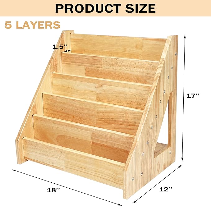 5 Tier Montessori Bookshelf Solid Wood, Nursery Bookcase, Toddler Book Display Shelf for Toddler, 17" Height - LeafyLoom