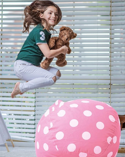 Wekapo Stuffed Animal Storage Bean Bag Chair Cover for Kids | Stuffable Zipper Beanbag for Organizing Children Plush Toys Large Premium Cotton Canvas (Pink Dot, X-Large) - LeafyLoom