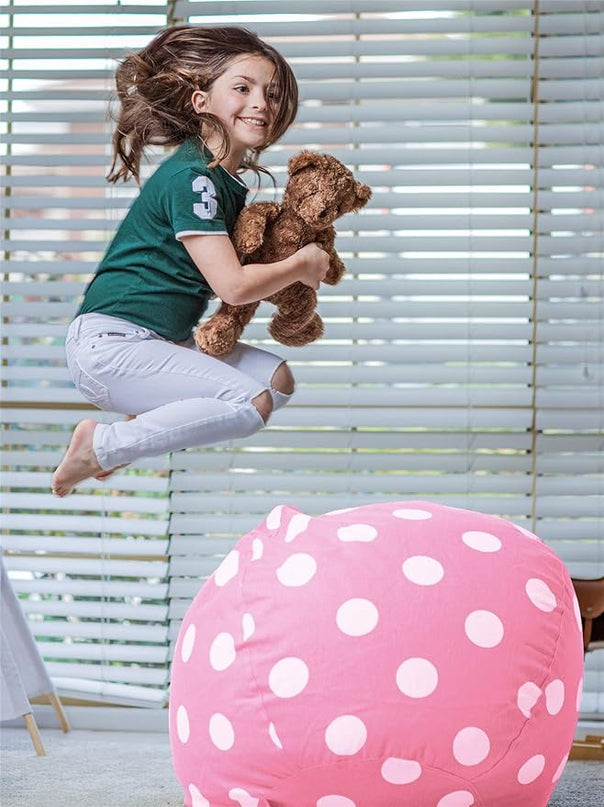 Wekapo Stuffed Animal Storage Bean Bag Chair Cover for Kids | Stuffable Zipper Beanbag for Organizing Children Plush Toys Large Premium Cotton Canvas (Pink Dot, X-Large) - LeafyLoom