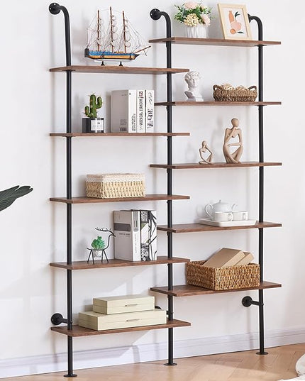 HOMBAZAAR Bookshelf,10-Tier L Shaped, Industrial Double Wide Wall Mount, Modern Bookcase with Metal Frame and Wood, Industrial Corner Pipe Shelf for Living Room and Office, Brown - LeafyLoom