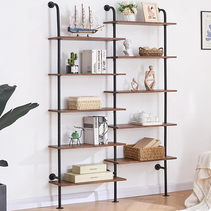 HOMBAZAAR Bookshelf,10-Tier L Shaped, Industrial Double Wide Wall Mount, Modern Bookcase with Metal Frame and Wood, Industrial Corner Pipe Shelf for Living Room and Office, Brown - LeafyLoom