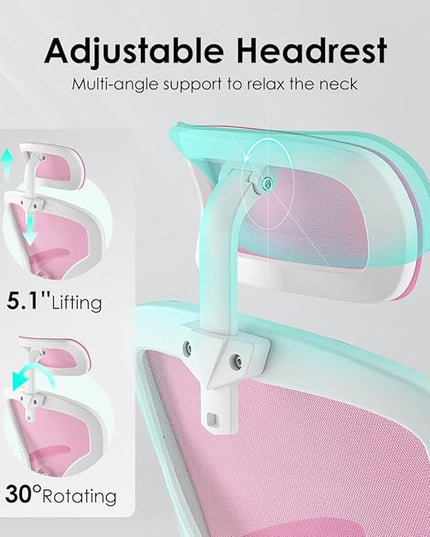 Farini Ergonomic Office Chair, Home Office Desk Chair with Headrest, High Back Computer Chair with Flip-up Armrests and Adjustable Lumbar Support for Home Office Study Room Bedroom, Pink. - LeafyLoom