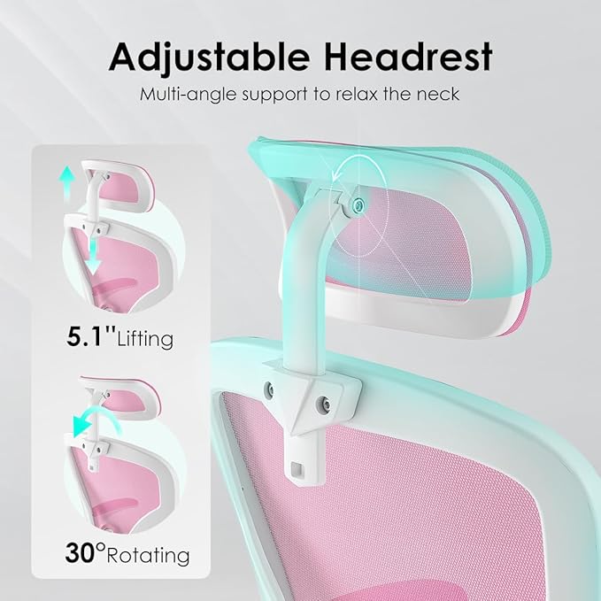Farini Ergonomic Office Chair, Home Office Desk Chair with Headrest, High Back Computer Chair with Flip-up Armrests and Adjustable Lumbar Support for Home Office Study Room Bedroom, Pink. - LeafyLoom