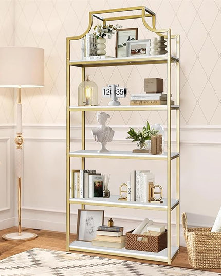 TooCust 5-Tier Gold Bookcase, 29.5" Lx70.6 H, Bookshelf for Bedroom,Gold Book Display Shelf, Arched Bookcase, Organizer Rack for Living Room, Gold Freestanding Display Shelf,White and Gold Bookshelf - LeafyLoom