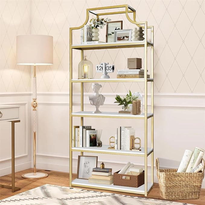 TooCust 5-Tier Gold Bookcase, 29.5" Lx70.6 H, Bookshelf for Bedroom,Gold Book Display Shelf, Arched Bookcase, Organizer Rack for Living Room, Gold Freestanding Display Shelf,White and Gold Bookshelf - LeafyLoom