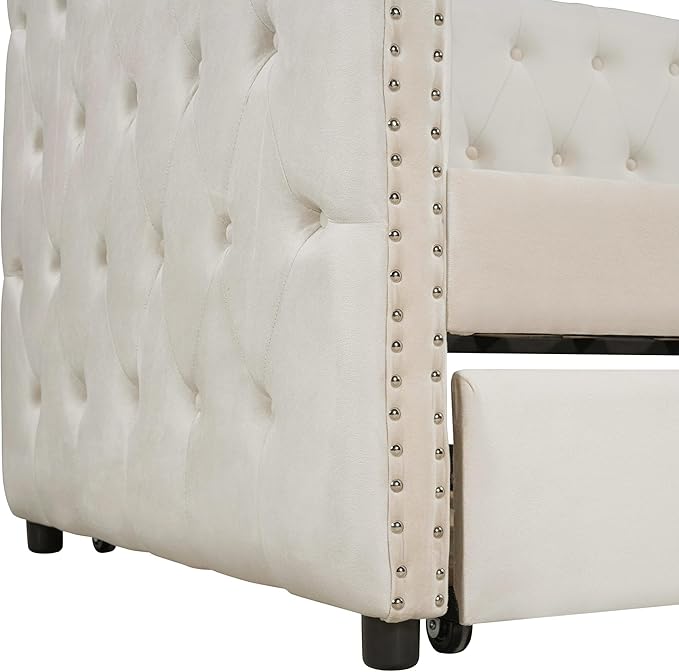 Twin Size Tufted Upholstered Daybed with Trundle, Solid Wood Velvet Bed with Rivet, Box-spring Needed, Space-Saving Design, for Living Room, Bedroom, Dorm, Beige-6 - LeafyLoom