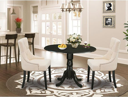 East West Furniture DLFR3-BLK-02 Modern Dinette Set - 2 Dining Chairs with Light Beige Linen Fabric Seat and Button Tufted Back - Solid Wood Drop Leaves Pedestal Dining Table (Black Finish) - LeafyLoom
