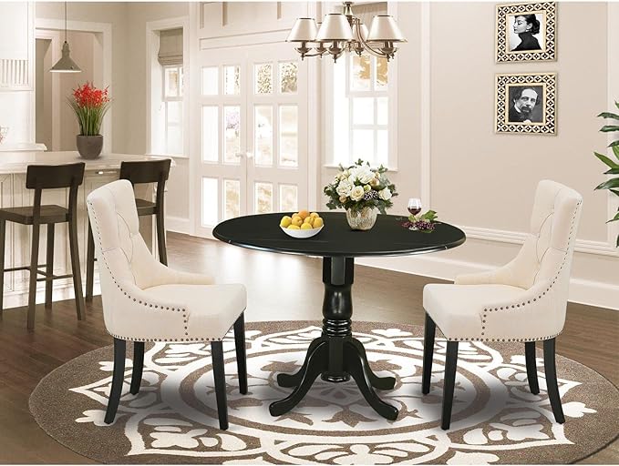East West Furniture DLFR3-BLK-02 Modern Dinette Set - 2 Dining Chairs with Light Beige Linen Fabric Seat and Button Tufted Back - Solid Wood Drop Leaves Pedestal Dining Table (Black Finish) - LeafyLoom