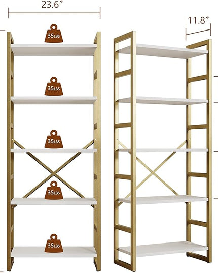 Shintenchi 5 Tiers Bookshelf, Classically Tall Bookcase Shelf, Industrial Book Rack, Modern Book Holder in Bedroom/Living Room/Home/Office, Storage Rack Shelves for Books/Movies,Gold - LeafyLoom