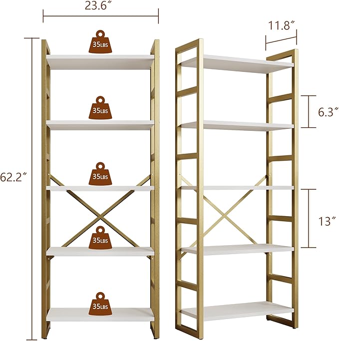 Shintenchi 5 Tiers Bookshelf, Classically Tall Bookcase Shelf, Industrial Book Rack, Modern Book Holder in Bedroom/Living Room/Home/Office, Storage Rack Shelves for Books/Movies,Gold - LeafyLoom