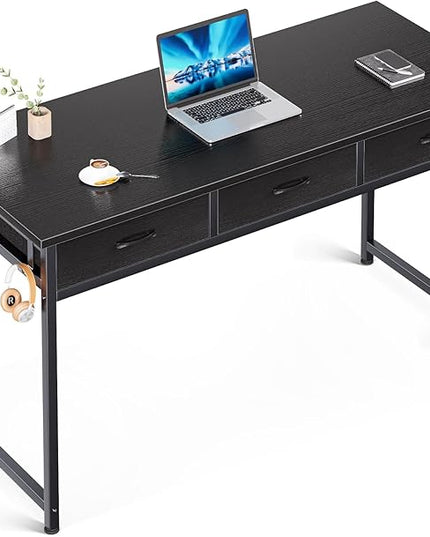 ODK 55 Inch Computer Desk with 3 Cloth Drawers for Home Office, Vanity Desk with Storage and Hook for Bedroom, Work Desk, Study Writing Table, Black - LeafyLoom