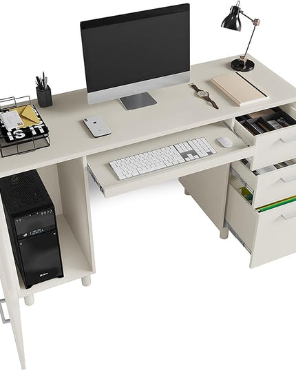 Modern Design By Crafts & comfort Venice Computer Desk - Office Desk with 3 Drawers & CPU Storage Cabinet - Laptop Workstation with Keyboard Tray & Cable Hole - Home & Office Supplies -White - LeafyLoom