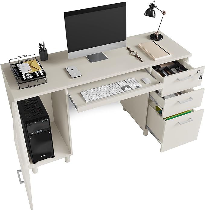 Modern Design By Crafts & comfort Venice Computer Desk - Office Desk with 3 Drawers & CPU Storage Cabinet - Laptop Workstation with Keyboard Tray & Cable Hole - Home & Office Supplies -White - LeafyLoom