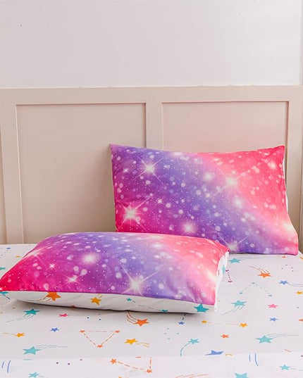 A Nice Night 6Pcs Gradient Glitter Bedding Set for Girls, Colorful Rainbow Galaxy Comforter Set, Ultra Soft Bedding Sets (Pink-Purple,Twin 6Pcs) - LeafyLoom