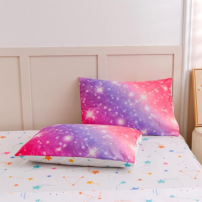 A Nice Night 6Pcs Gradient Glitter Bedding Set for Girls, Colorful Rainbow Galaxy Comforter Set, Ultra Soft Bedding Sets (Pink-Purple,Full 6Pcs) - LeafyLoom