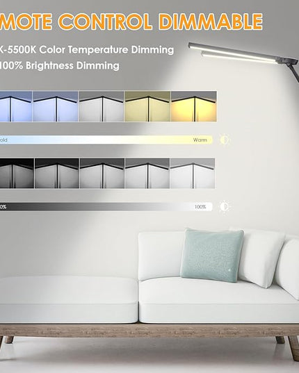 LED Floor Lamp - Foldable Dual Head Design, 24W Ultra Bright Adjustable 3000-5500K Color & 5 Step Brightness, Eye-friendly Anti-glare Reading Lamp with Remote, Standing Lamp for Office Study Drafting - LeafyLoom