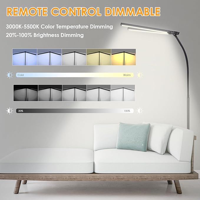 LED Floor Lamp - Foldable Dual Head Design, 24W Ultra Bright Adjustable 3000-5500K Color & 5 Step Brightness, Eye-friendly Anti-glare Reading Lamp with Remote, Standing Lamp for Office Study Drafting - LeafyLoom