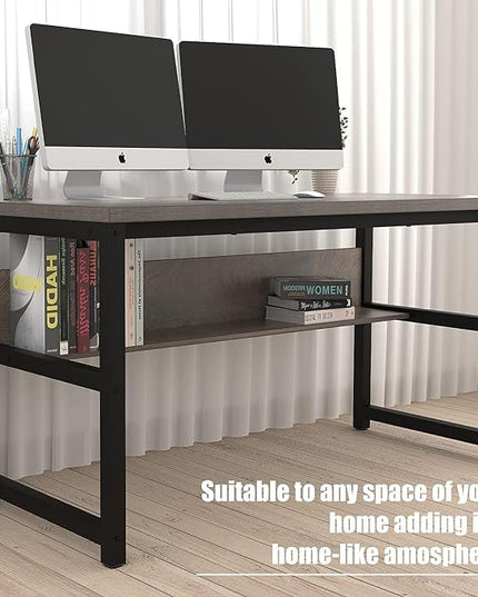 TOPSKY Computer Desk with Bookshelf/Metal Hole Cable Cover 1.18" Thick Desk (Light Walnut, 55") - LeafyLoom