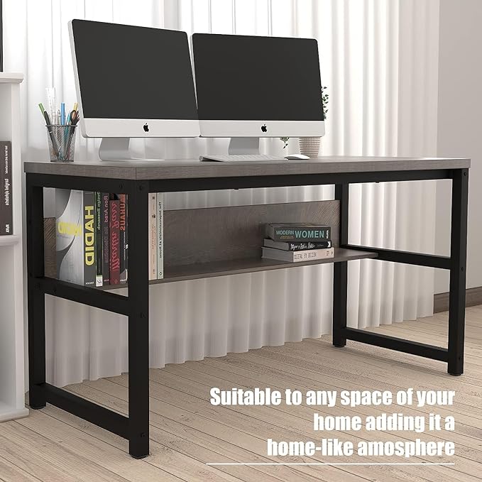 TOPSKY Computer Desk with Bookshelf/Metal Hole Cable Cover 1.18" Thick Desk (Light Walnut, 55") - LeafyLoom