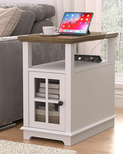HIFYOBRO Narrow End Table with Flip Top Charging Station and Storage Cabinet, Type-C & USB port & Power outlets, Adjustable Shelf, White Side Table with Storage for Living Room and Bedroom - LeafyLoom