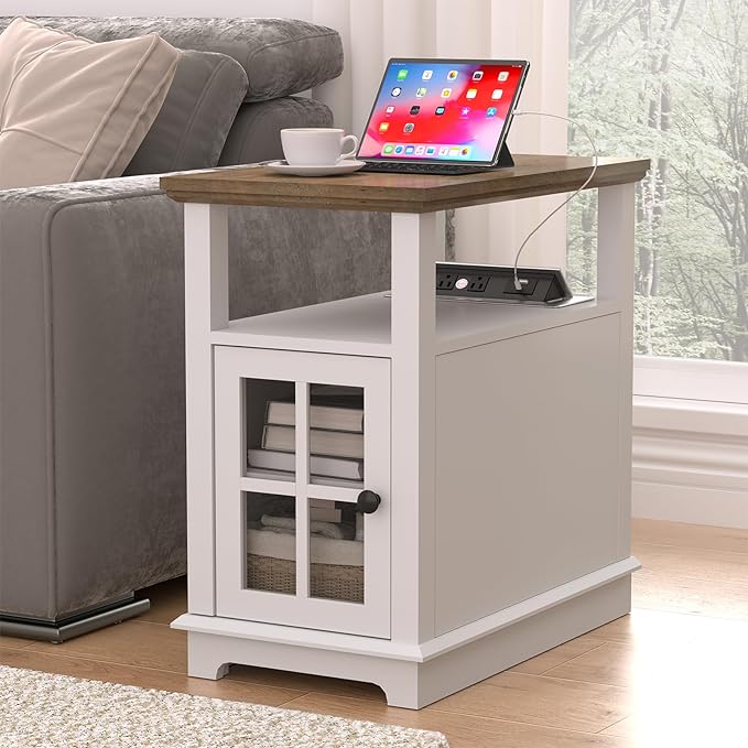 HIFYOBRO Narrow End Table with Flip Top Charging Station and Storage Cabinet, Type-C & USB port & Power outlets, Adjustable Shelf, White Side Table with Storage for Living Room and Bedroom - LeafyLoom