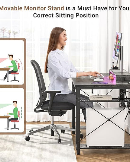 armocity Computer Desk with LED Lights, 55 Inch Desk with Power Outlet and USB, Reversible Large Desk with Moveable Monitor Stand, 55.2'' Gaming PC Table for Home Office, Workstation, Grey - LeafyLoom