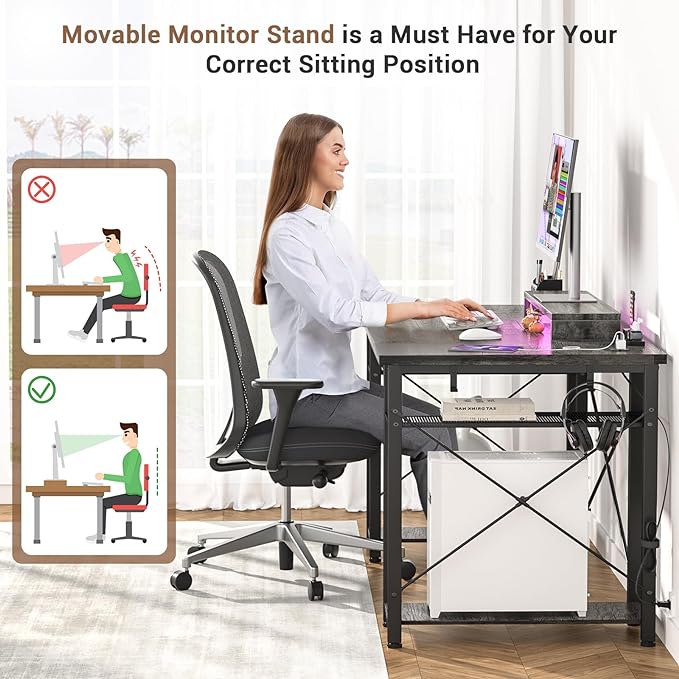 armocity Computer Desk with LED Lights, 55 Inch Desk with Power Outlet and USB, Reversible Large Desk with Moveable Monitor Stand, 55.2'' Gaming PC Table for Home Office, Workstation, Grey - LeafyLoom