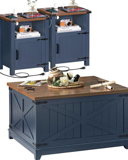 Night Stand Set of 2, 18 Inch Farmhouse Nightstand with with Charging Station and USB Port, Rustic Couch End Table with Magnetic Door, Wood Bed Side Tables for Bedroom, Home, Navy Blue - LeafyLoom
