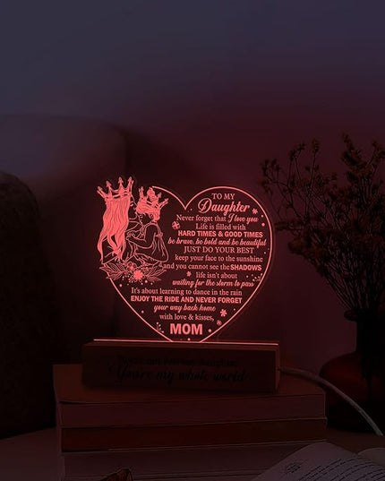 Daughter Gift from Mom, to My Daughter 3D Illusion Lamp with Wooden Base USB Powered, Birthday Gifts for Daughter from Mothers, Daughter Night Light Gifts for Wedding Graduation Christmas - LeafyLoom