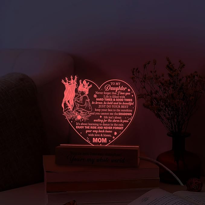 Daughter Gift from Mom, to My Daughter 3D Illusion Lamp with Wooden Base USB Powered, Birthday Gifts for Daughter from Mothers, Daughter Night Light Gifts for Wedding Graduation Christmas - LeafyLoom