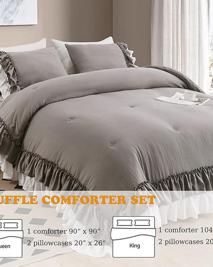 Ruffle Queen Comforter Set,Grey White Ruffled Comforter Sets for Queen Bed Shabby Boho Chic Farmhouse Bedding Set(1 Ruffle Comforter and 2 Pillowcases) - LeafyLoom