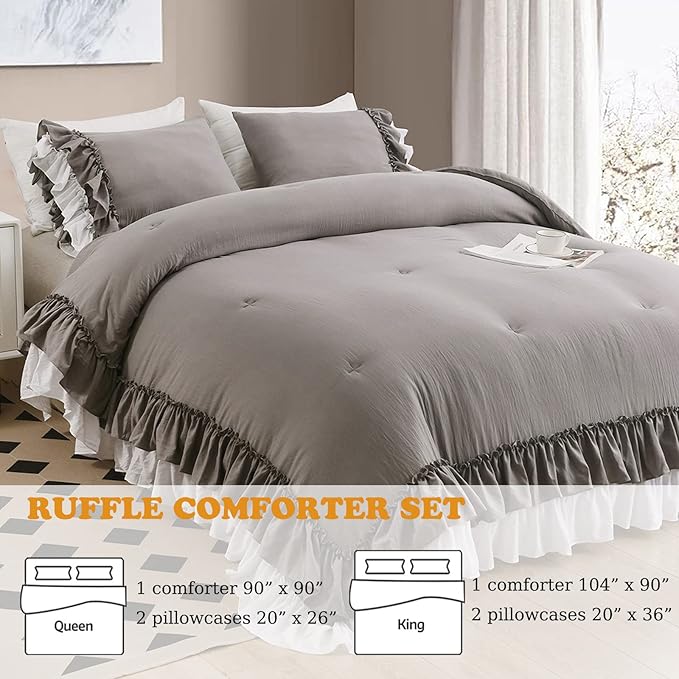 Ruffle Queen Comforter Set,Grey White Ruffled Comforter Sets for Queen Bed Shabby Boho Chic Farmhouse Bedding Set(1 Ruffle Comforter and 2 Pillowcases) - LeafyLoom