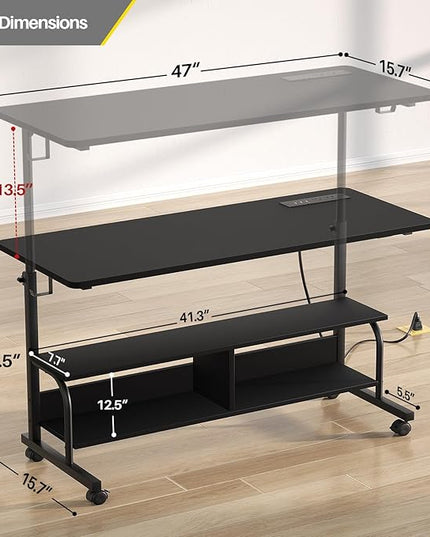 Height Adjustable Standing Desk with Power Outlets, 47" Manual Stand Up Desk with Storage Shelves Small Mobile Rolling Computer Desk Portable Laptop Table with Wheels for Home Office, Black - LeafyLoom