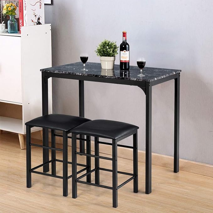 ARLIME 3-Piece Dining Table Set, 2 Chairs and 1 Table with Faux Marble Tabletop, Indoor Modern Dining Table Furniture Set with Metal Frame, for Kitchen, Dining Room, Bar (Black) - LeafyLoom