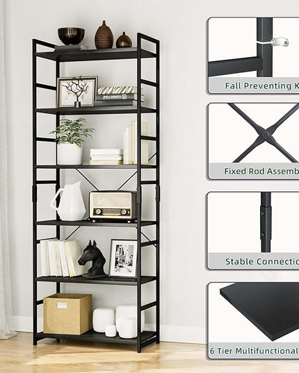 OTK 6 Tier Adjustable Bookshelf, Tall Bookcase, Office Shelf Storage Organizer, Modern Book Shelf for Living Room, Bedroom, and Home Office, Black - LeafyLoom
