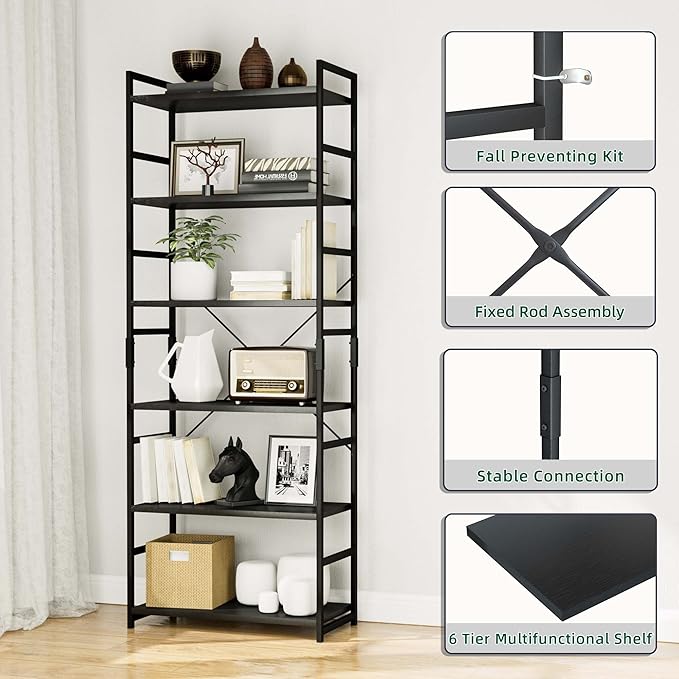 OTK 6 Tier Adjustable Bookshelf, Tall Bookcase, Office Shelf Storage Organizer, Modern Book Shelf for Living Room, Bedroom, and Home Office, Black - LeafyLoom