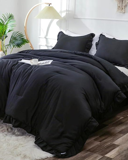 Black Double Ruffle Comforter Set Queen Size (90x90 Inch), 3 Pcs Farmhouse Vintage Comforter Set (1 Ruffled Comforter and 2 Pillowcase), Rustic All Season Down Alternative Bedding Set - LeafyLoom