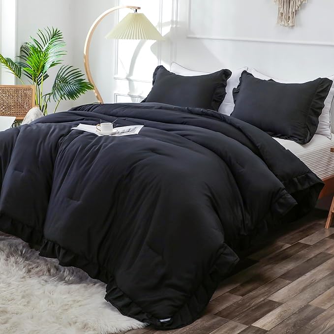 Black Double Ruffle Comforter Set Queen Size (90x90 Inch), 3 Pcs Farmhouse Vintage Comforter Set (1 Ruffled Comforter and 2 Pillowcase), Rustic All Season Down Alternative Bedding Set - LeafyLoom