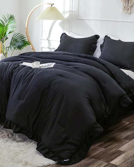 Black Double Ruffle Comforter Set Twin Size (66x90 Inch), 2 Pcs Farmhouse Vintage Comforter Set (1 Ruffled Comforter and 1 Pillowcase), Rustic All Season Down Alternative Bedding Set - LeafyLoom